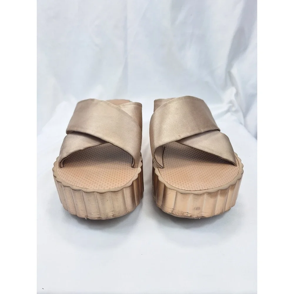 Tory Burch Metallic Gold Platform Slide Sandals Crisscross Straps 5595 Women 10M
